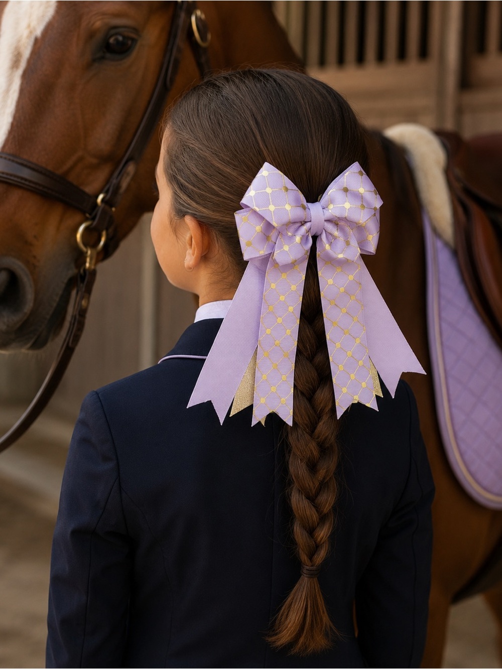 Lavender Bow Hair Ribbon for Kids with Gold Accent